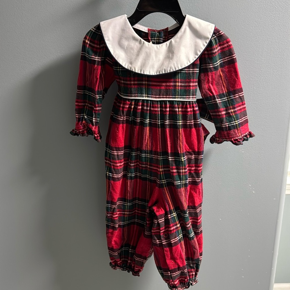 Beaufort Bonnet Christas Tartan Plaid Red Romper with White Collar